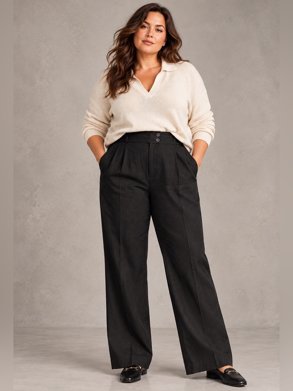 Lane Bryant Women's Black Linen Blend High-Waisted Pants Size 26T Button Details